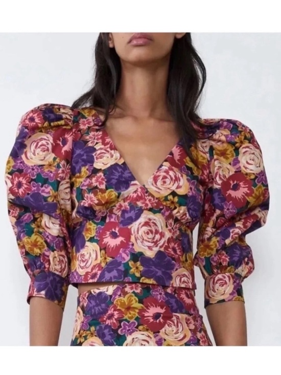 Zara Tops - Zara Floral Poplin Puff Sleeve Crop Blouse XL Cottagecore Romantic NWT